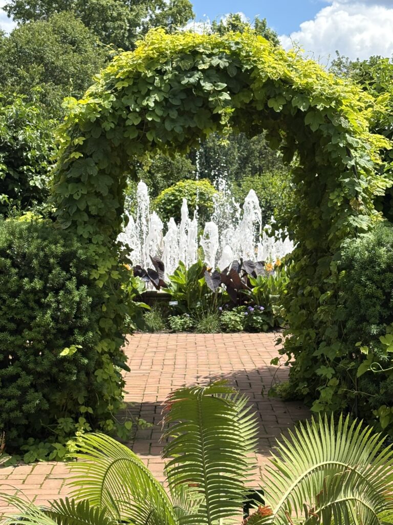 Vine-covered garden arch frames a fountain surrounded by lush plants and brick pathways at the Chicago Botanic Garden.