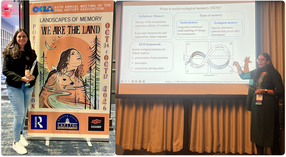 A researcher presents findings on social-ecological memory during a conference presentation.