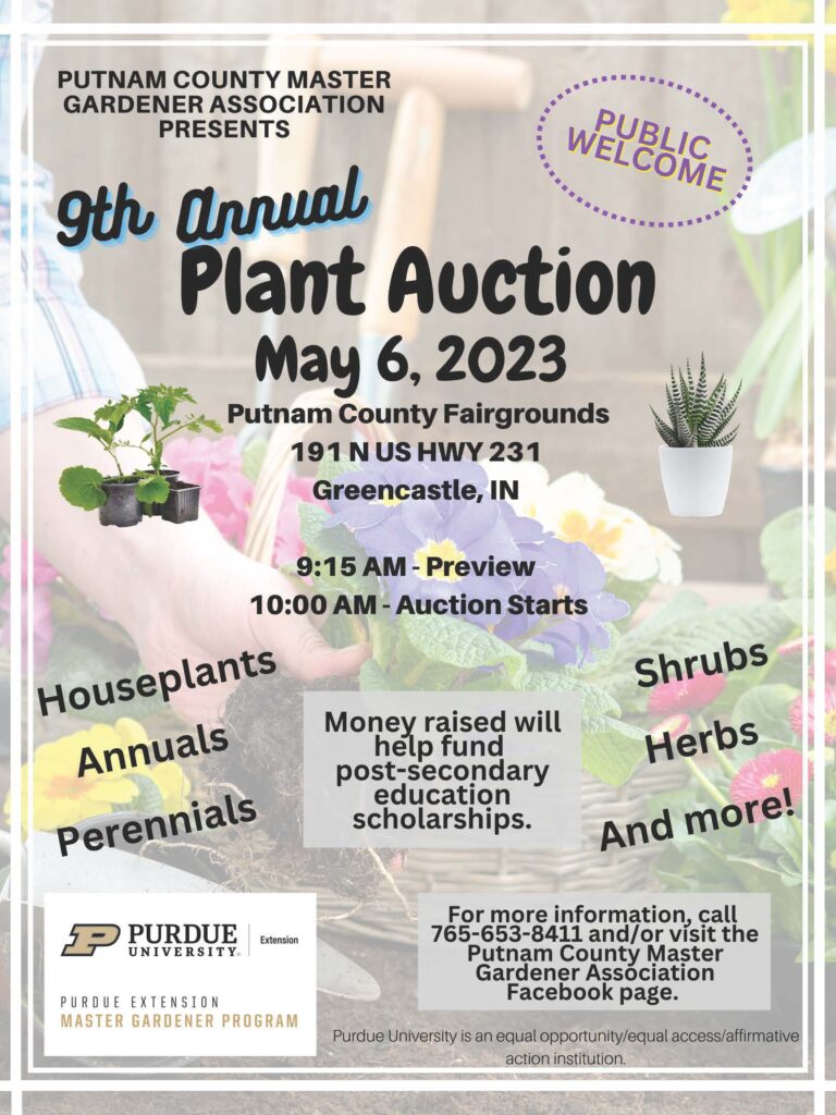 Flyer for the Putnam County Master Gardener Association's 9th Annual Plant Auction, May 6, 2023 at the Putnam County Fairgrounds.