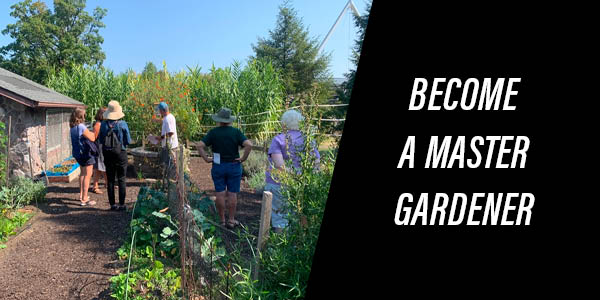 A group of master gardeners stands in a lush garden area near a small building, surrounded by tall green plants and flowers. They appear to be engaged in a demonstration. On the right side of the image, bold white text on a black background reads “BECOME A MASTER GARDENER.”