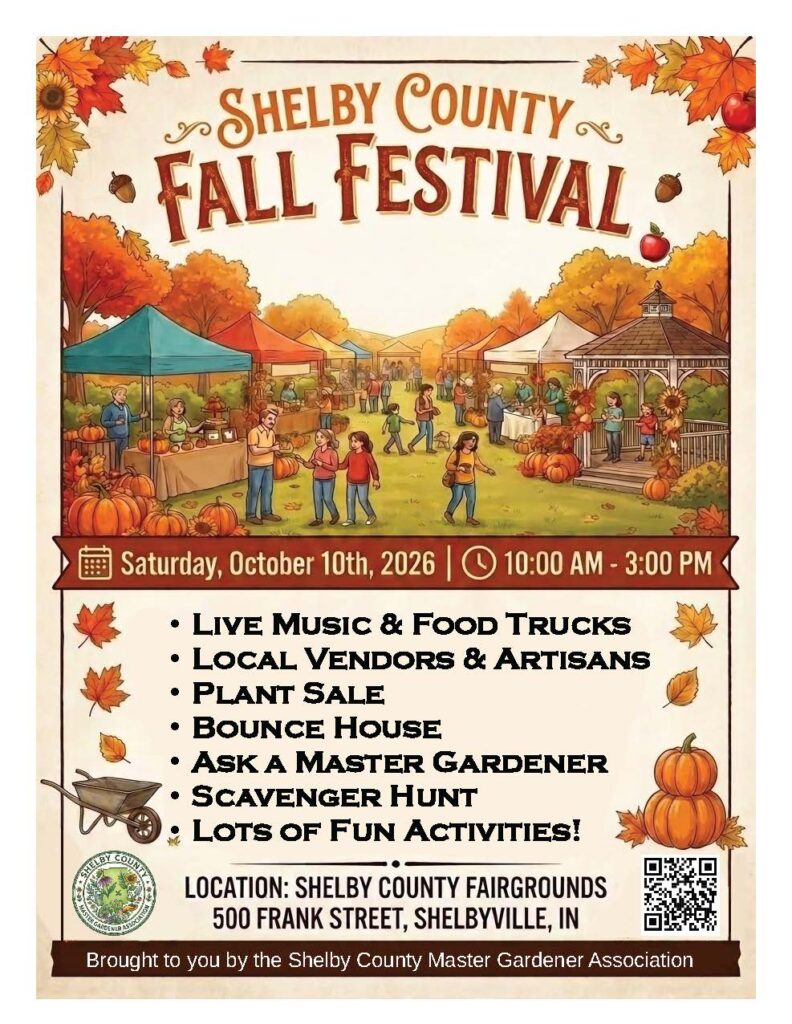 Illustrated flyer promoting the Shelby County Fall Festival. The flyer features a colorful autumn scene with vendor tents, pumpkins, trees with fall foliage, and a gazebo surrounded by festival attendees. Event details include Saturday, October 10, 2026, from 10:00 a.m. to 3:00 p.m. at the Shelby County Fairgrounds, 500 Frank Street, Shelbyville, Indiana. Activities include live music, food trucks, local vendors and artisans, a plant sale, bounce house, "Ask a Master Gardener" booth, scavenger hunt, and other family-friendly activities. Decorative fall leaves, pumpkins, acorns, and apples frame the flyer. The Shelby County Master Gardener Association logo and a QR code appear at the bottom, with text stating the event is brought by the Shelby County Master Gardener Association.