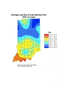 Map of Indiana showing the Average Last Day of Last Spring Frost Across the State, 36 deg. F or lower.