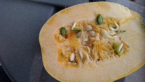 Sprouted seeds inside a spaghetti squash that has been cut in halve.  Photo credit: Bryan Overstreet, Jasper Co, IN