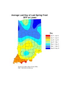 Indiana map shaded with different colors showing the average last day of last spring frost, across the state. Southern counties generally have last spring frost dates earlier than the norther counties. Dates range from April 11 to May 16, south to north.