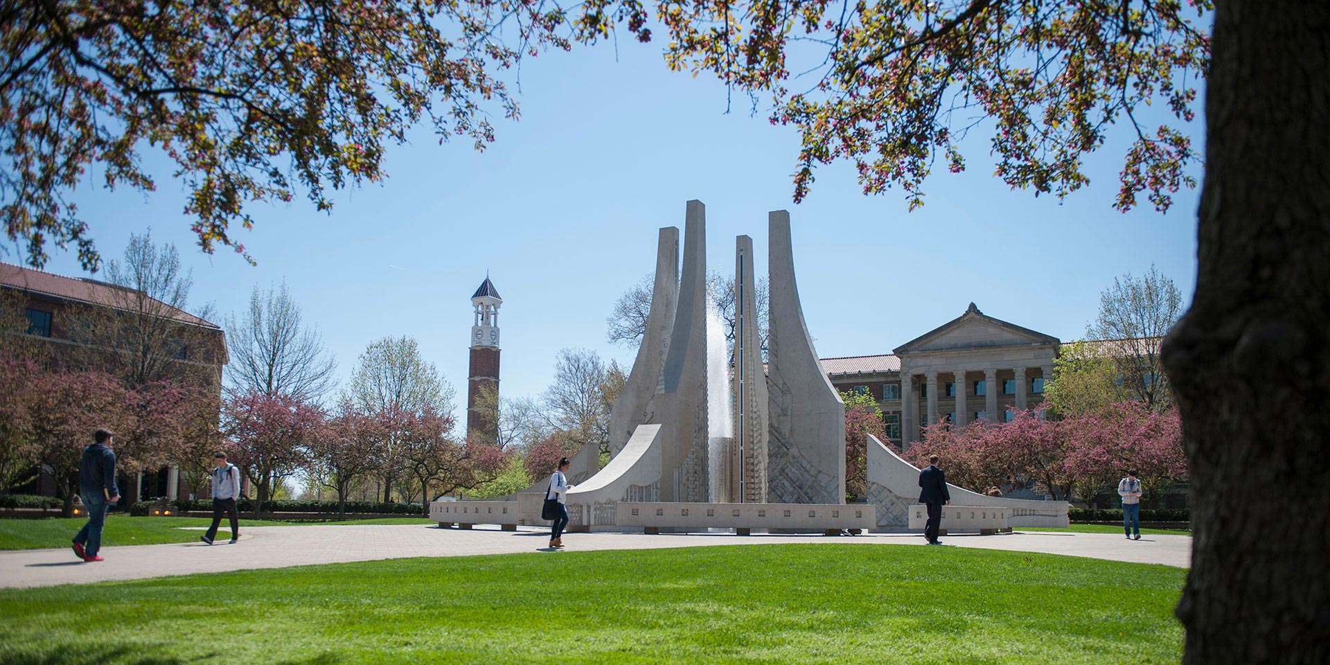 Purdue University Bell Tower and Engineering Fountain.