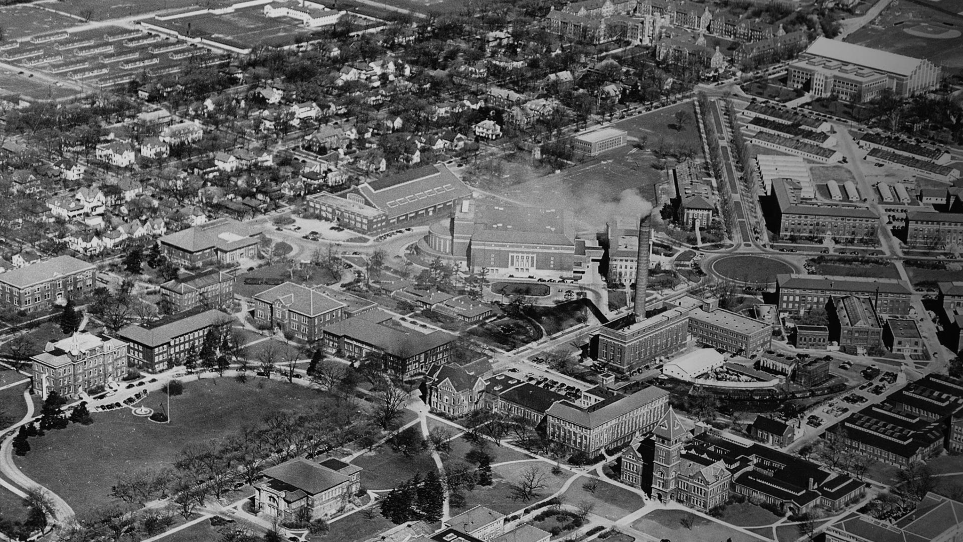 Aerial of Purdue University West Lafayette campus in 1949.