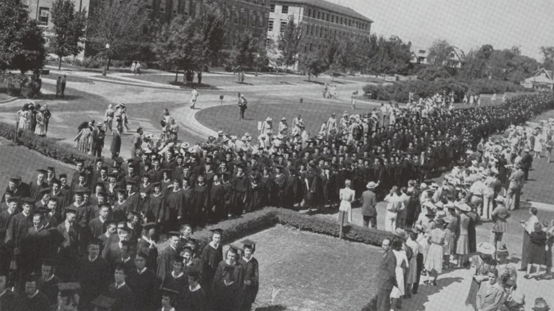 Purdue University seniors preparing to enter Elliott Hall of Music for the 1942 ceremony.