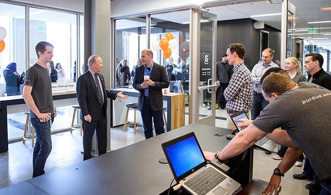 Mitch Daniels talking with Paul Ryder for Amazon@Purdue.