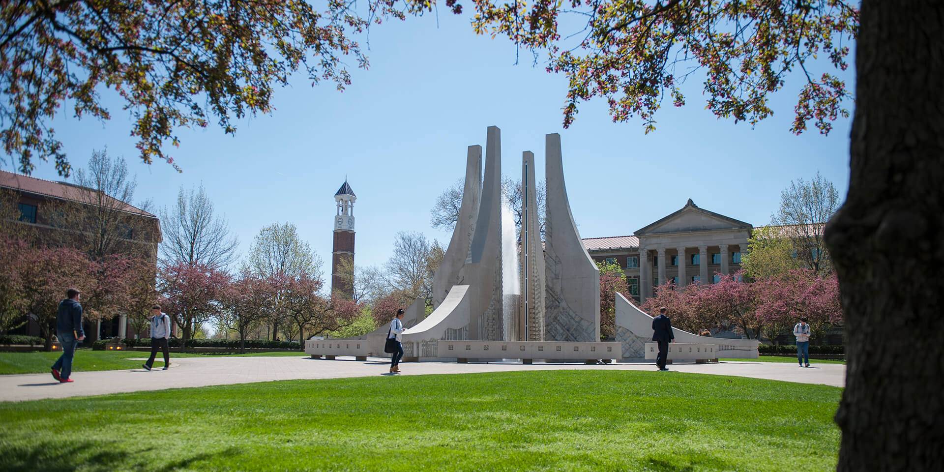 The Purdue Engineering Fountain in the spring.
