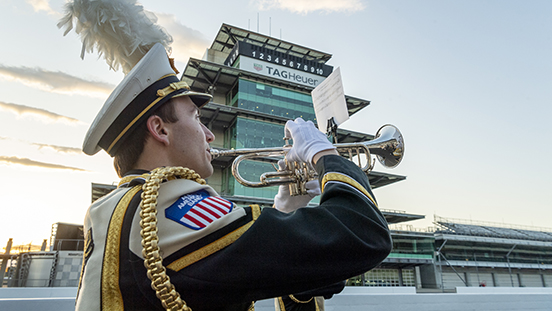 An “All-American” Marching Band member at the Indianapolis Motor Speedway.