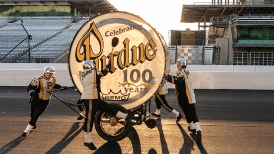Purdue band members at the Indianapolis Motor Speedway.