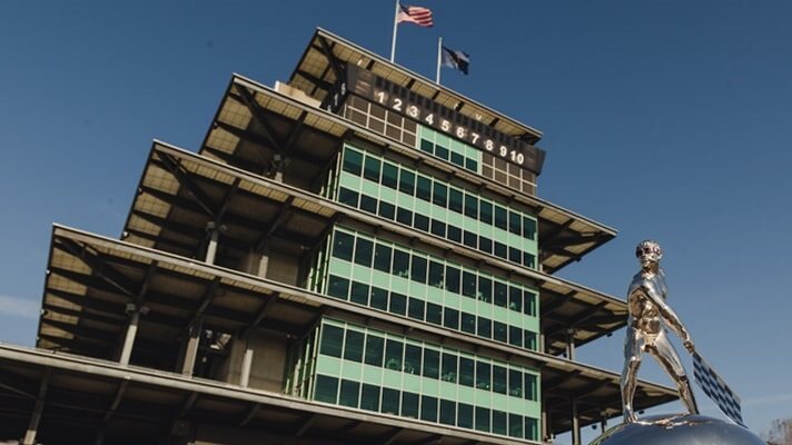 A picture of the trophy and Pagoda at the Indianapolis Motor Speedway.