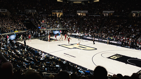 The basketball court inside Mackey Arena.
