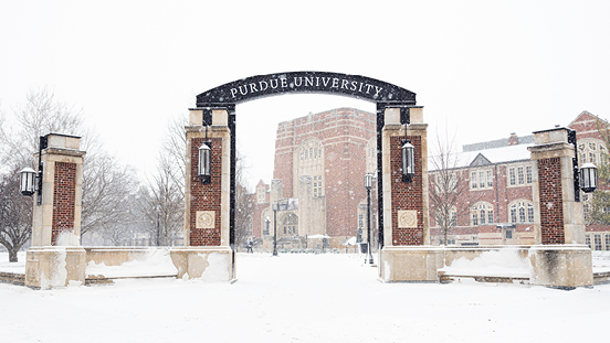 The Purdue Memorial Union covered in snow. 