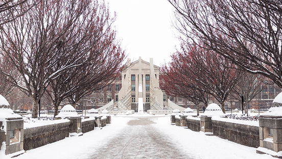 The Class of 1939 Water Sculpture covered in snow. 