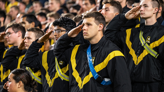 Purdue Reserve Officers’ Training Corps students saluting.