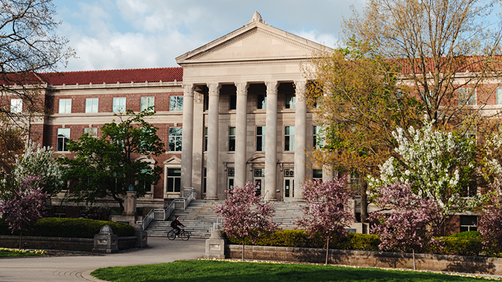 Hovde Hall during the spring season on the Purdue University campus