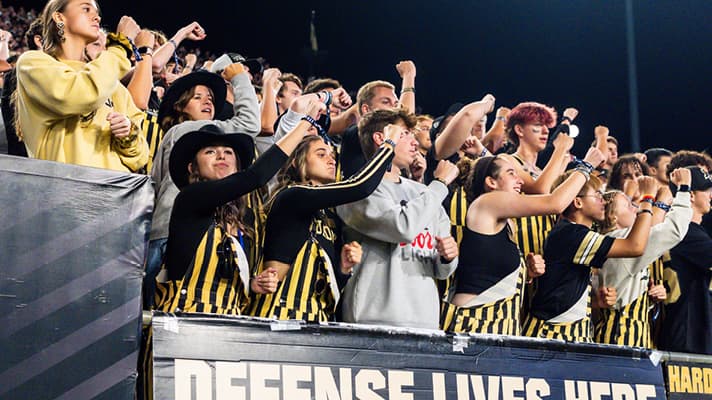 Purdue fans in striped overalls cheering in stadium stands.