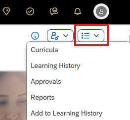 Screenshot of the hamburger menu drop down showing more options such as Learning History