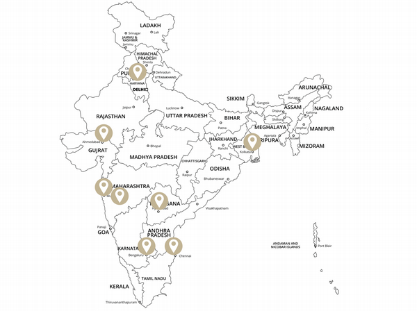 Map of India with markers for various locations that have Partnerships with Purdue University