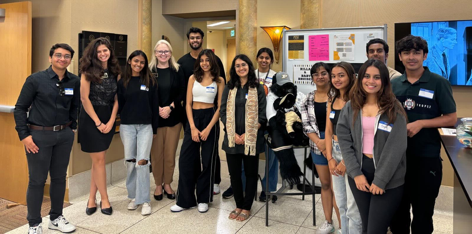  Indian Emerging Scholars at Fall 2024 welcome lunch with Director of the Purdue-India Partnership, Heidi Arola, and Indian Emerging Scholars Scholarship Program Manager, Stephanie Saba