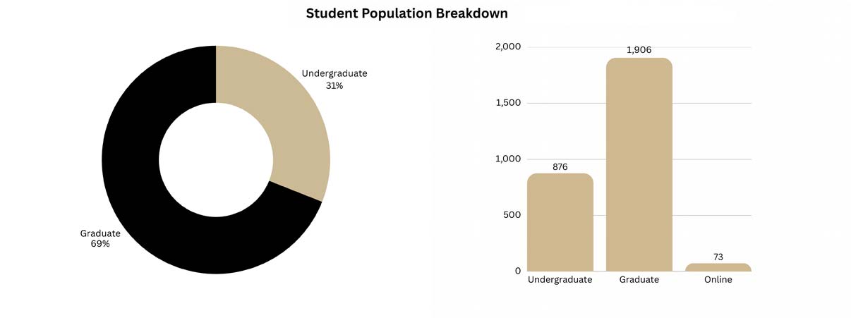 Breakdown of student population: Pie chart showing 31% Undergraduate and 69% Graduate. Bar chart showing 876 Undergraduate, 1906 Graduate, and 73 Online students.