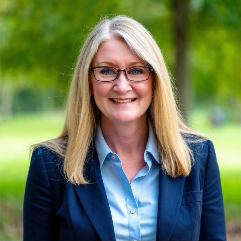 Photo of a woman wearing glasses and a blue suit and shirt