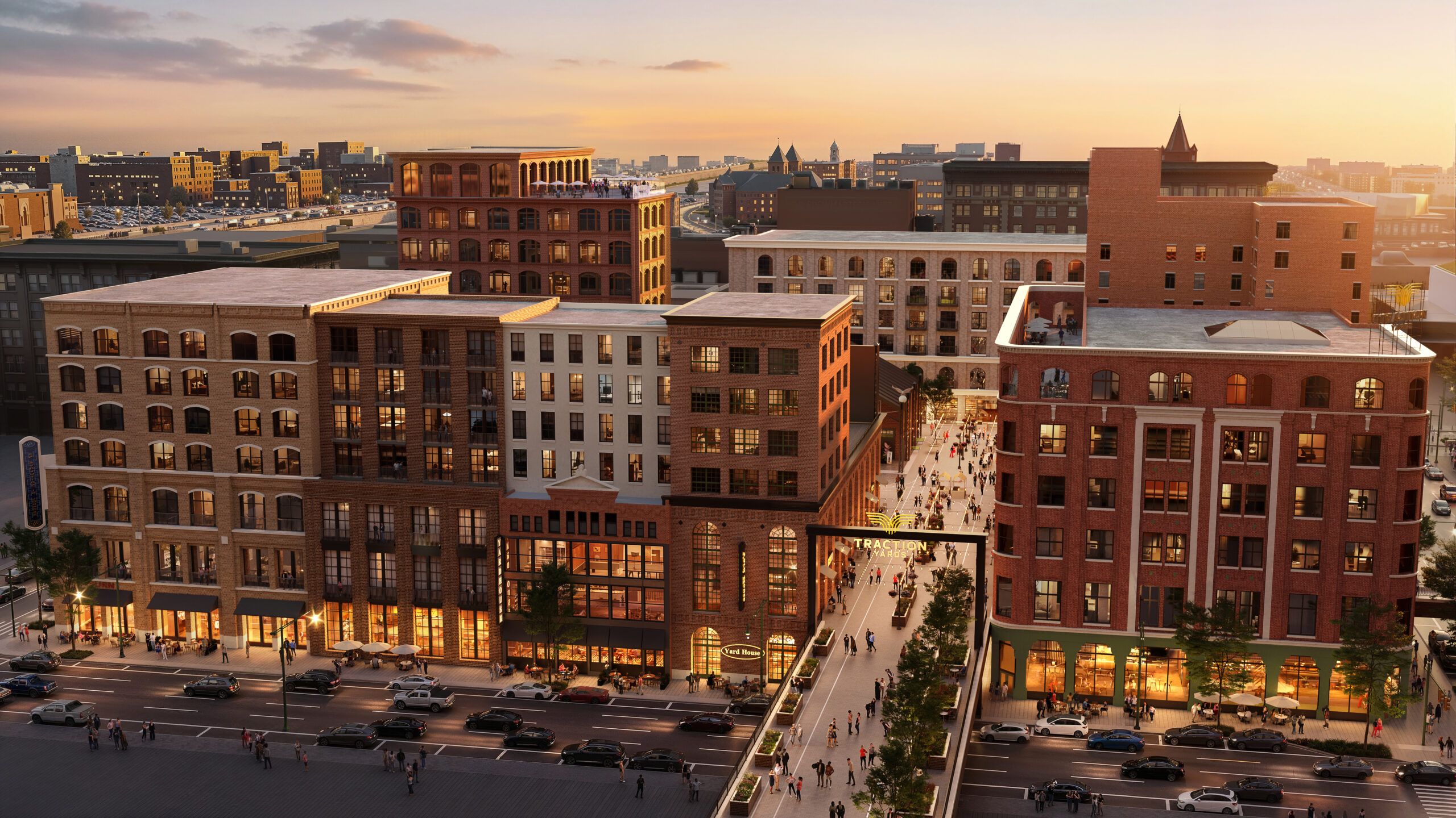 Traction Yards rendering showing a mixed-use redevelopment with new buildings, public spaces and pedestrian activity in downtown Indianapolis