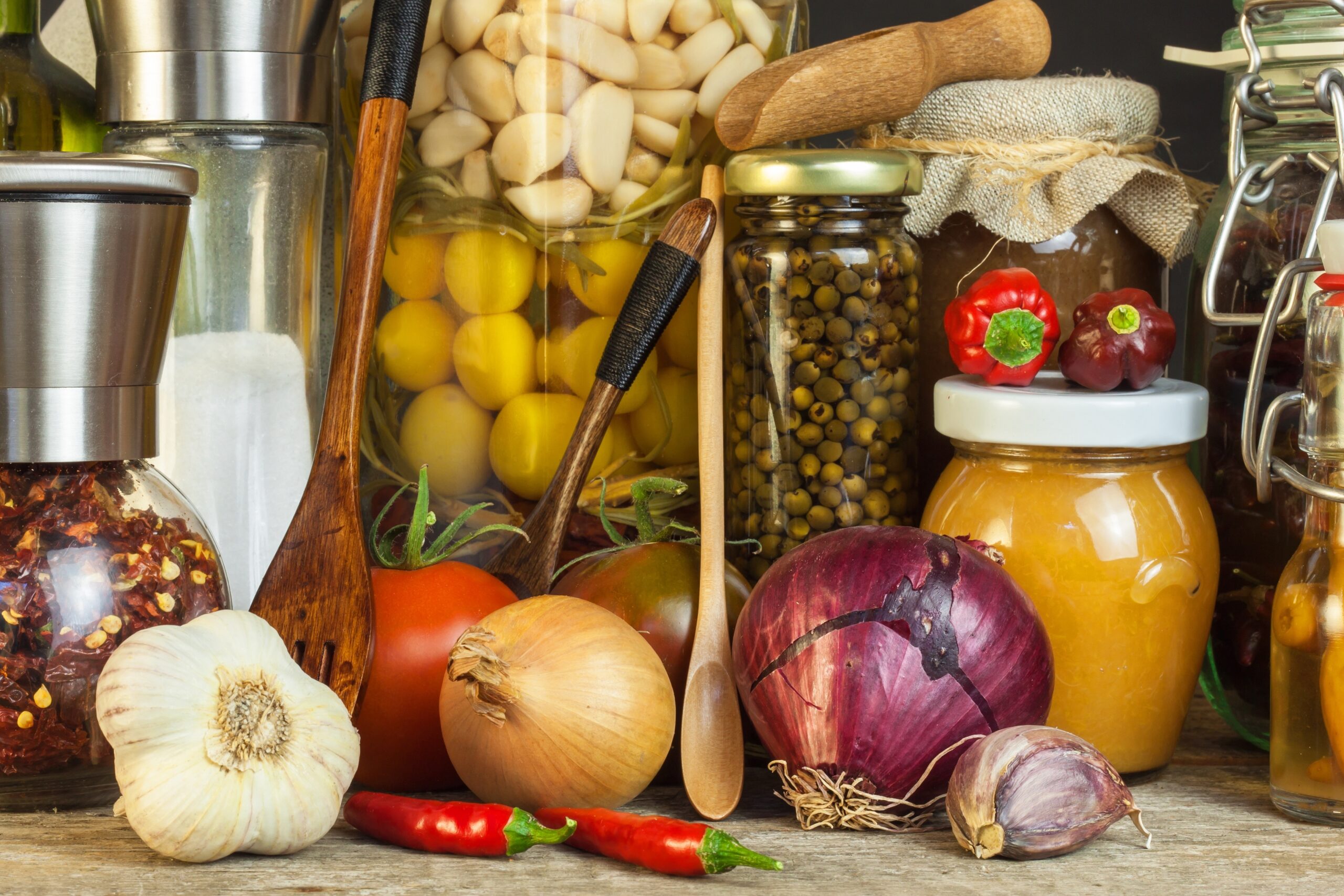 kitchen table with food ingredients