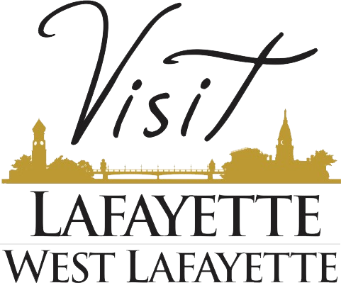 A graphic reads Visit Lafayette West Lafayette with a West Lafayette and Lafayette skyline. 