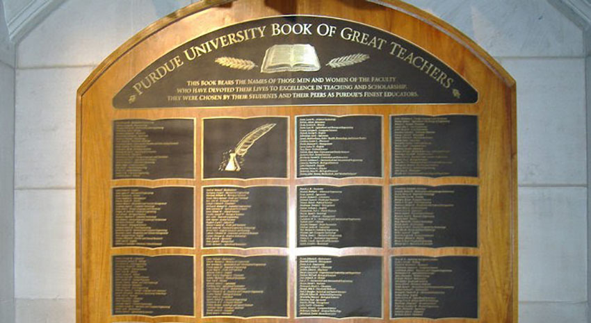 The Book of Great Teachers, a permanent display in the west foyer of the Purdue Memorial Union, is an extension of Academy Park. 