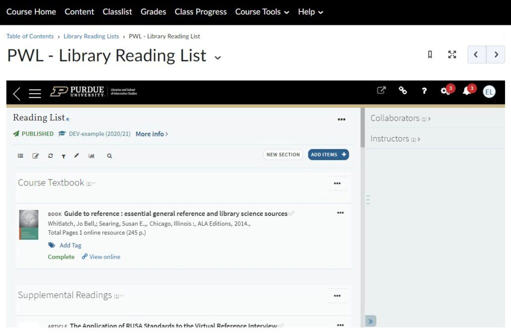 Library Reading List interface, instructor view