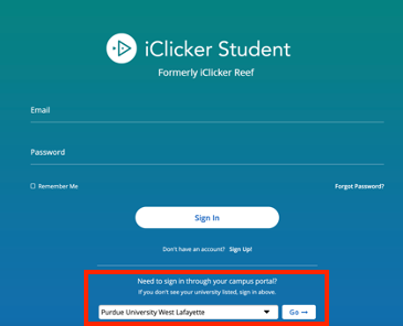 Student iClicker Cloud login screen highlighting the "Sign in through your campus portal" link near the bottom of the screen.
