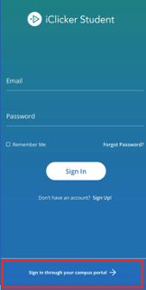 Student iClicker Cloud login screen highlighting the "Sign in through your campus portal" link near the bottom of the screen.