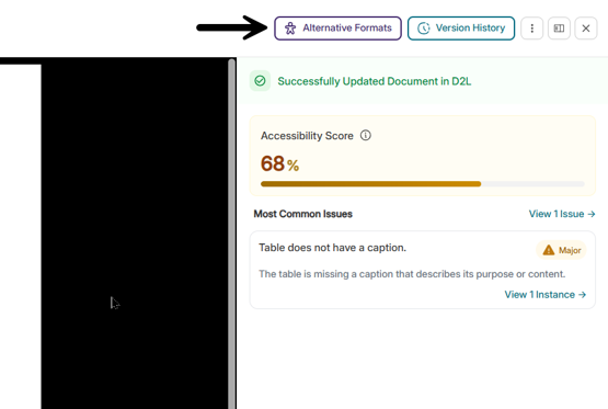 Screenshot of the accessibility report window with an arrow pointing to a button that says "Alternative Formats."
