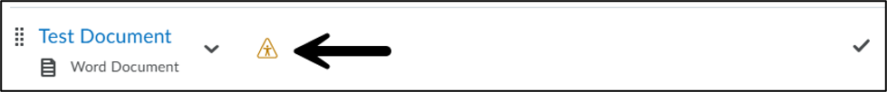 Screenshot of a Word document listed in Brightspace named "Test Document" with an orange triangle-shaped indicator icon to the right of it