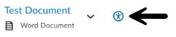 "Test Document" file header with a dropdown arrow and accessibility options button highlighted by an arrow
