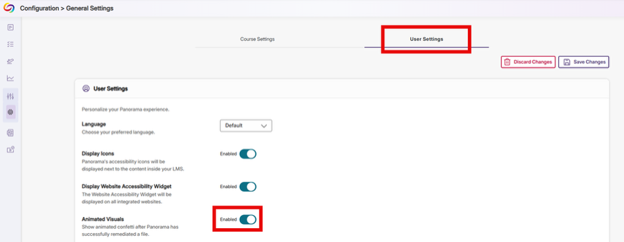 Panorama User Settings page with 'Animated Visuals' toggle enabled, highlighted in red, showing option for confetti animation after successful file remediation