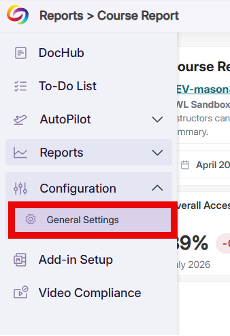 YuJa Panorama sidebar menu with Configuration expanded and 'General Settings' option highlighted in red