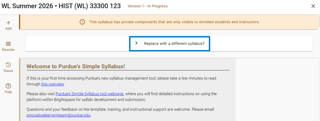 Simple Syllabus tool with 'Replace with a different syllabus?' option expanded