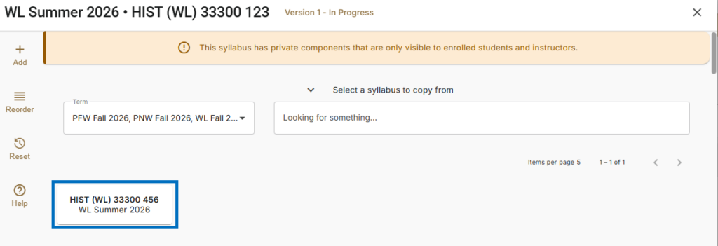 imple Syllabus tool with 'Replace with a different syllabus?' option expanded