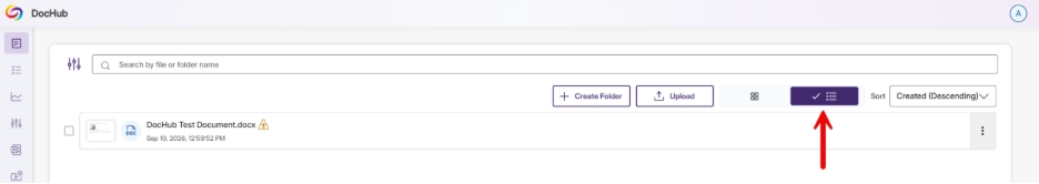 Screenshot of DocHub document-management interface showing a single listed file, “DocHub Test Document.docx.”