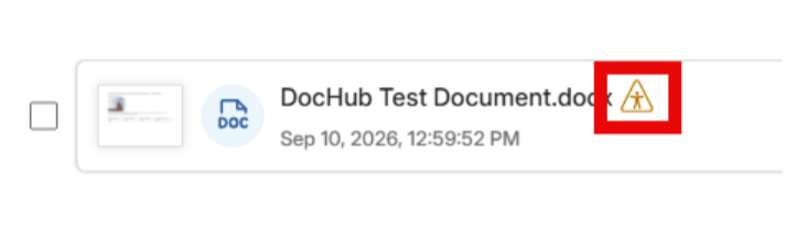 Screenshot of a document file row showing checkbox, document icon, filename “DocHub Test Document.docx" with accessibility indicator icon highlighted in red