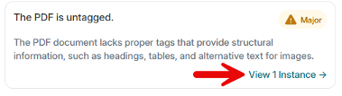 Screenshot of an accessibility warning stating “The PDF is untagged.” Notice explains missing structural tags for headings, tables, and alternative text, with a Major severity badge and arrow pointing to “View 1 Instance” link.