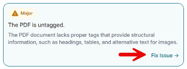 Screenshot of a PDF accessibility warning indicating an untagged document. A yellow “Major” label, explanatory text about missing headings, tables, and alternative text, plus red arrow pointing to “Fix Issue” link highlight remediation options.