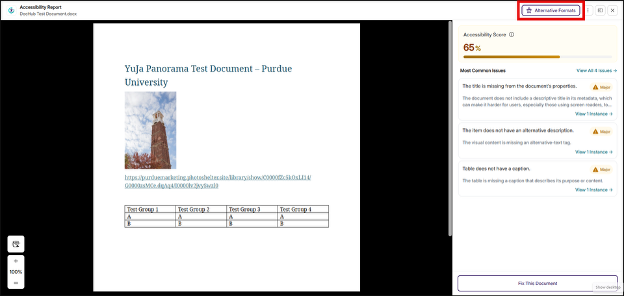 Screenshot of the DocHub Accessibility Report displaying “YuJa Panorama Test Document – Purdue University”. The Alternative Formats button is highlighted in red in the top right of the screen.