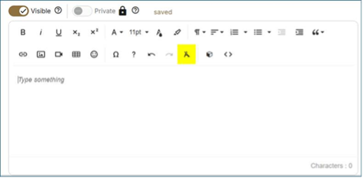 Screenshot of a blank rich-text editor with formatting toolbar, visibility controls, and “saved” status. Toolbar includes bold, italic, underline, font options, alignment, lists, links, media, and a yellow-highlightedthe clear formatting control