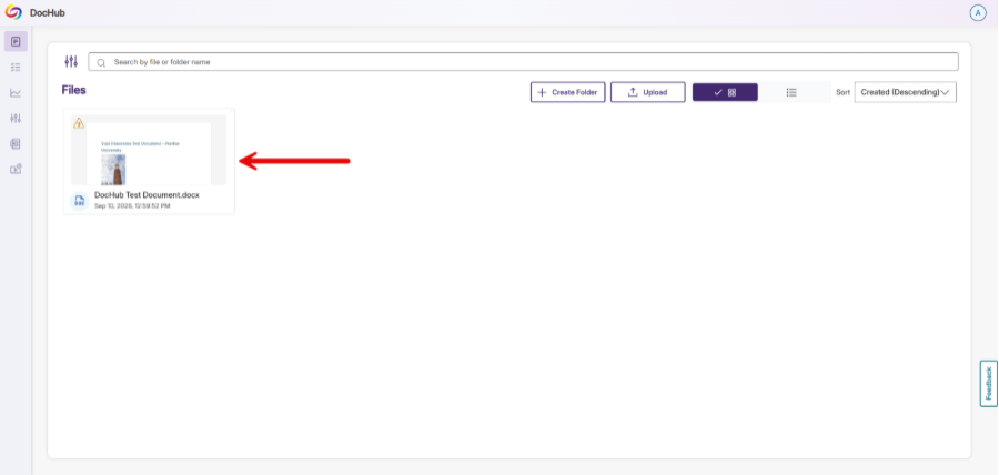 Screenshot of DocHub Files page showing one document thumbnail labeled “DocHub Test Document.docx,” with a red arrow pointing toward it.