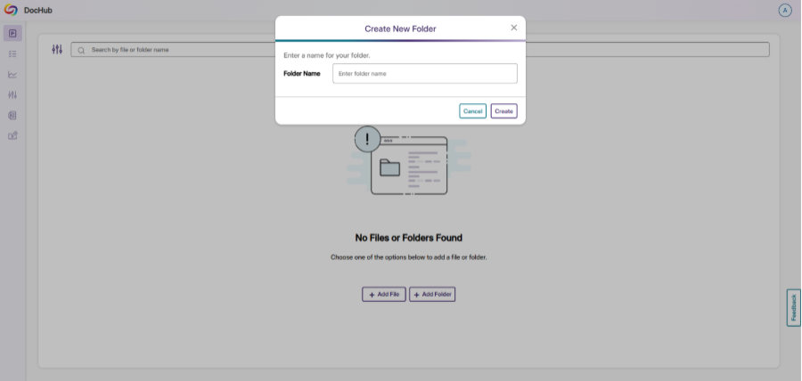 Screenshot of DocHub file manager showing “Create New Folder” dialog for entering a folder name.
