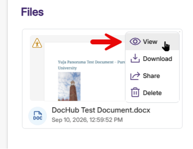 Screenshot of a file-management interface showing “DocHub Test Document.docx” under a Files heading. Open menu offers View, Download, Share, and Delete, with a red arrow highlighting View and a document thumbnail labeled “YuJa Panorama Test Document – Purdue University.”